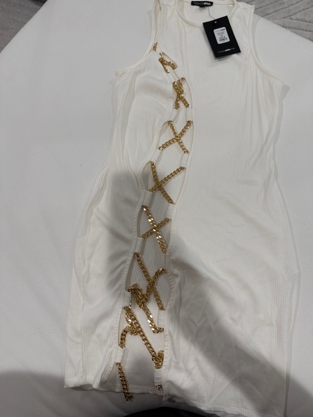 Fashion Nova Cream Ribbed Chain-Cutout Bodycon Dress